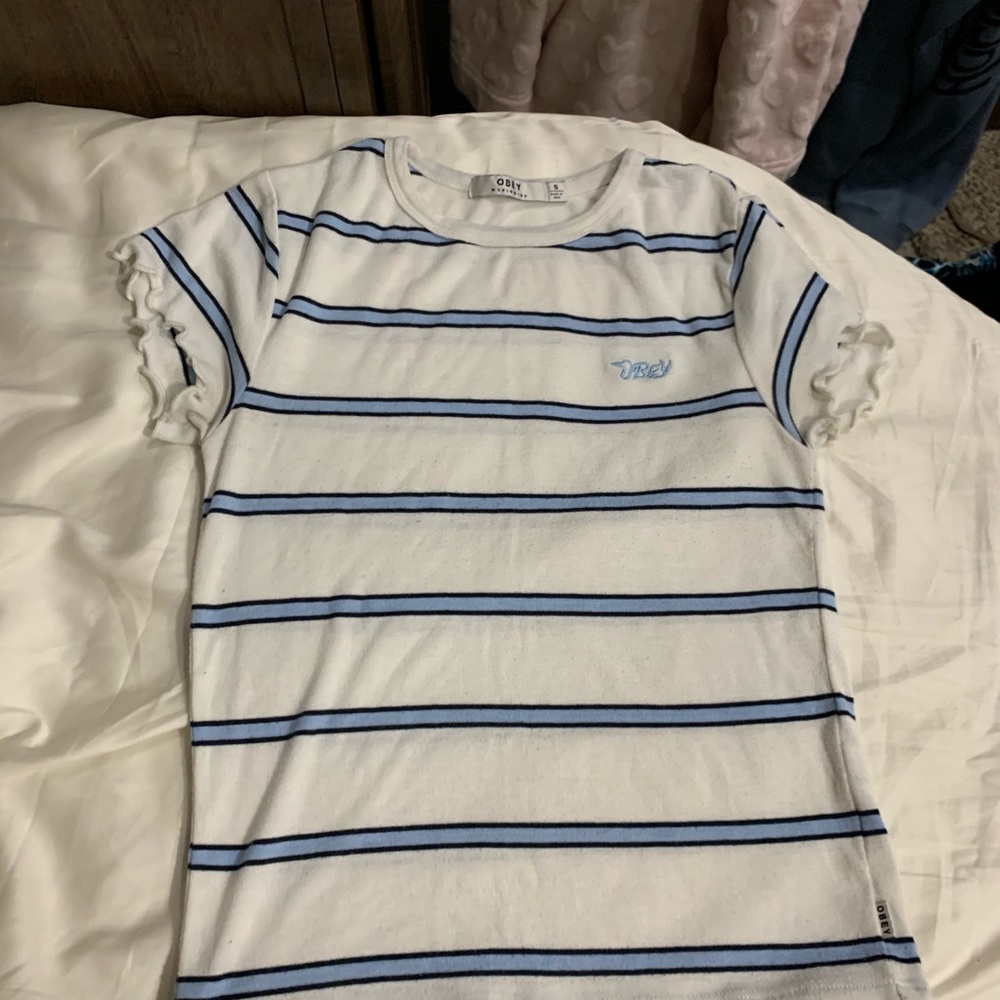 Obey blue and white striped shirt